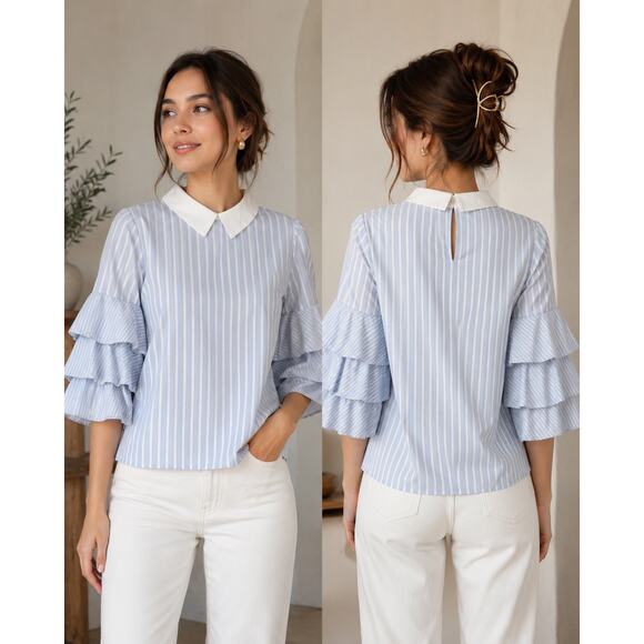CeCe Tops - CeCe Blue White Stripe Ruffle Sleeve Blouse Peter Pan Collar M coastal preppy